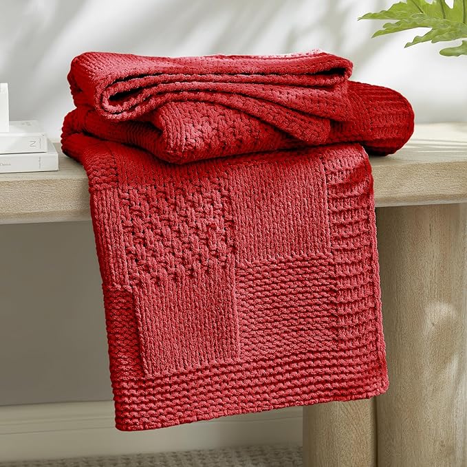 Amélie Home Chenille Knit Throw Blanket for Couch, Checkered Texture Decorative Soft Blanket for Sofa, Bed & Living Room, 50"x60", Red