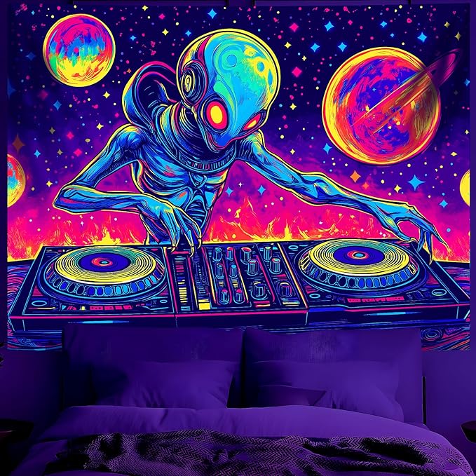 BVBOX Blacklight Space Alien Tapestry 79"x59", UV Reactive DJ Alien Universe Galaxy Planet Glow in Dark Music Tapestries, Black Light Neon Upright Poster Wall Hanging Backdrop Decor for Bedroom Living Room