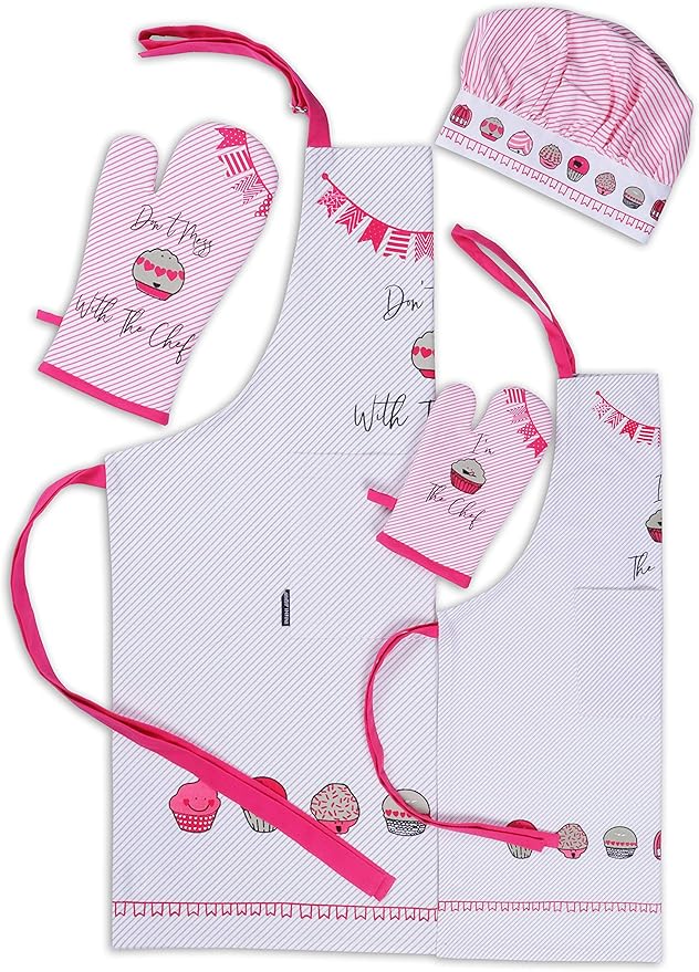 AMOUR INFINI Cupcakes Baking 5-Piece Kitchen Set | Cotton Women's Aprons and Oven Mitts,Kid's Aprons, Oven Mitts, and Chef Hats