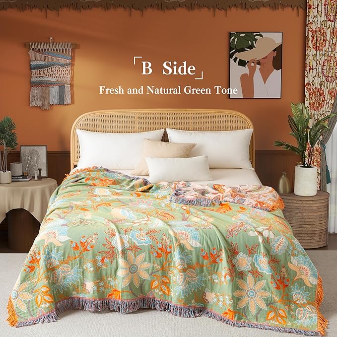 Boho Throw Blanket Full Size, Soft Cozy Cotton Muslin Quilt Blanket for Bed Decor, Floral Patterned Couch Sofa Chair Cover, Vintage Farmhouse Cottage Tapestry Woven Blanket, Coral&Green