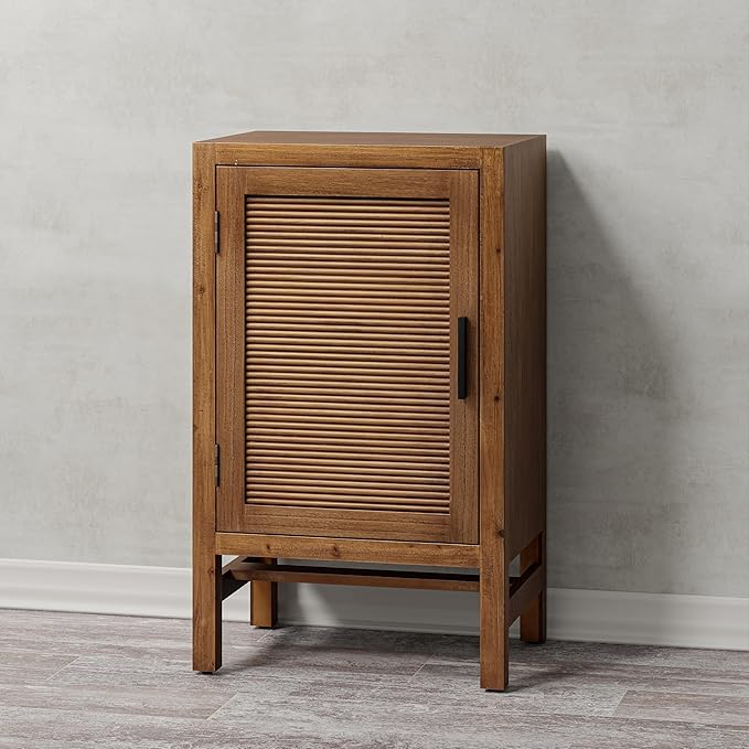 1 Door Farmhouse Nightstand, Rustic Slat Door Cabinet with 2 Shelves, Accent End Table with Storage for Bedroom, Brown