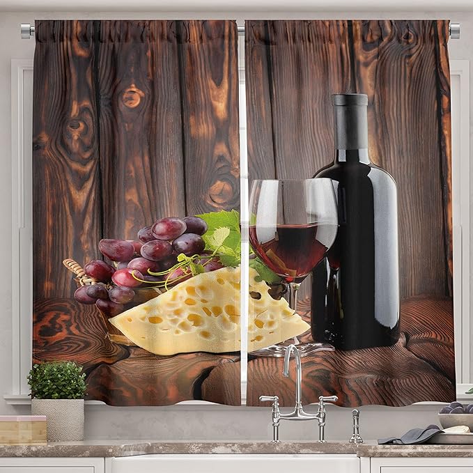 Ambesonne Wine Long Kitchen Curtains, Red Wine Cabernet Bottle and Glass Cheese and Grapes on Wood Planks Print, Two Panels Drapes with Rod Pocket Room Decor, 55" x 45", Burgundy Brown