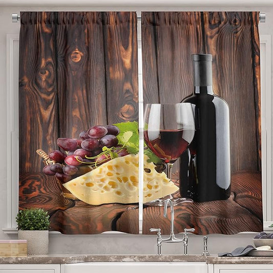 Ambesonne Wine Long Kitchen Curtains, Red Wine Cabernet Bottle and Glass Cheese and Grapes on Wood Planks Print, Two Panels Drapes with Rod Pocket Room Decor, 55" x 45", Burgundy Brown