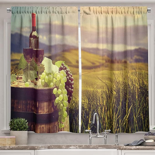 Ambesonne Wine Kitchen Curtains, Italy Tuscany Landscape Rural Vineyard Autumn Harvest Grapes Drink Viticulture, Window Drapes 2 Panel Set for Kitchen Cafe Decor, 55" x 39", Black Taupe
