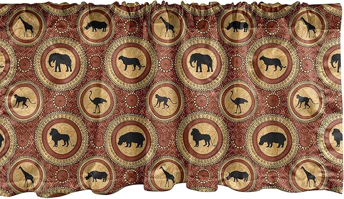 Ambesonne Savannah Window Valance, Medallion Pattern of Monkey Giraffe Lion African Inspired Ethnic Design, Curtain Valance for Kitchen Bedroom Decor with Rod Pocket, 42" x 12", Mustard and Brown