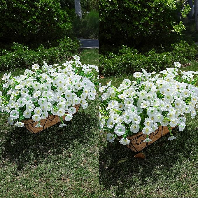 Artificial Flowers for Outdoors Fake Plants Outside Decoration, 12 Bundles Silk White Morning Glory UV Resistant Look Real Faux Flowers for Planter Front Door Porch Patio Yard Gardens Balcony