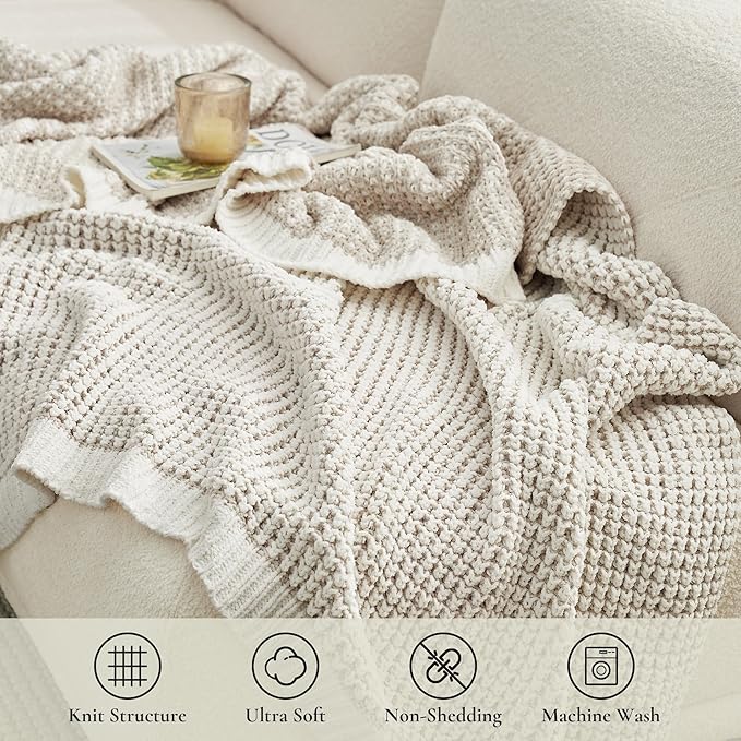 Amélie Home Chenille Waffle Throw Blanket for Couch, Reversible Pineapple Stitch Knit Soft Cozy Knit Blanket Lightweight Warm Decorative Throw for Sofa, Bed, Living Room, 50"x60", Beige&Ivory