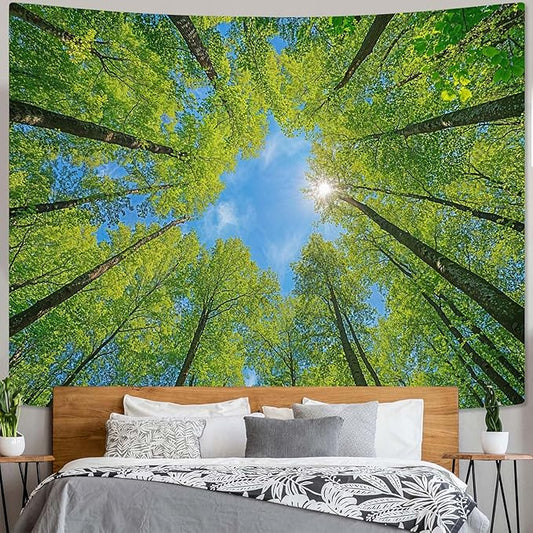 AMM Nature Forest Tree Celling Tapestry Lush Green Treetops Sunlit Tapestry for Bedroom Aesthetic Sky Sunlight Canopy Leaves Landscape Tapestries Wall Hanging for Living Room Dorm Office 60 x 44 Inch