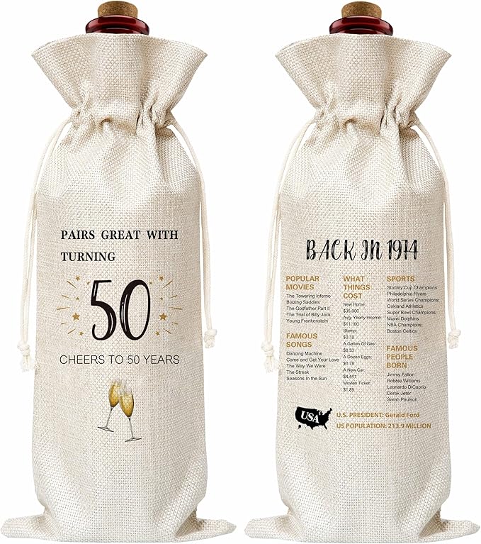 50th Birthday Wine Gift Bag, Cotton Burlap Wine Bags, 1974 Wine Bottle Cover Bag Birthday Gifts for Women, Men, Friends, Co-workers, Teachers, Mom, Dad, Antie, Uncle(05)