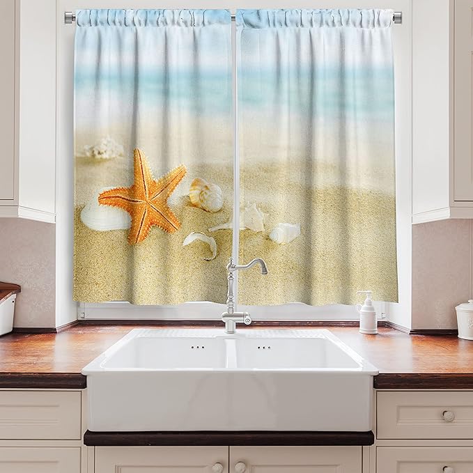 Ambesonne Starfish Long Kitchen Curtains, Tropical Caribbean Seacoast with Different Shells and Animals Relaxing Vacation, Two Panels Drapes with Rod Pocket Room Decor, 55" x 45", Sand Pale Blue