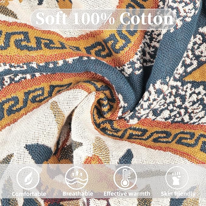 Boho Throw Blanket for Bed - 100% Pure Cotton Ultra Soft Rustic Quilt - Farmhouse Decor Bed Blankets, All Season Rustic Throw for Sofa Couch Chair(80''x 90'', Floral)