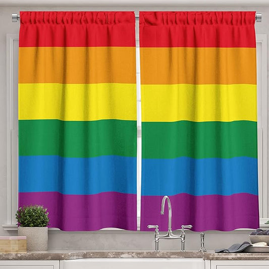 Ambesonne Pride Long Kitchen Curtains, Horizontal Orange Green Colored Flag of Gay Parade Freedom Equality Love Passion Theme, Two Panels Drapes with Rod Pocket Room Decor, 55" x 45", Orange Green