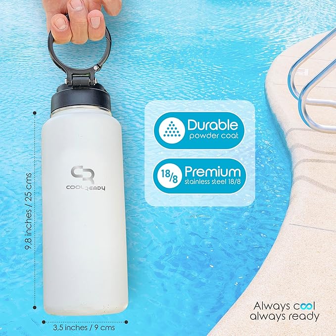 40oz Insulated White Water Bottle With Straw and Handle Lid, Thermos Coffee, Chug Lid - Double Walled Stainless Steel - Metal Water Bottle for Gym, Water Bottles Aesthetics