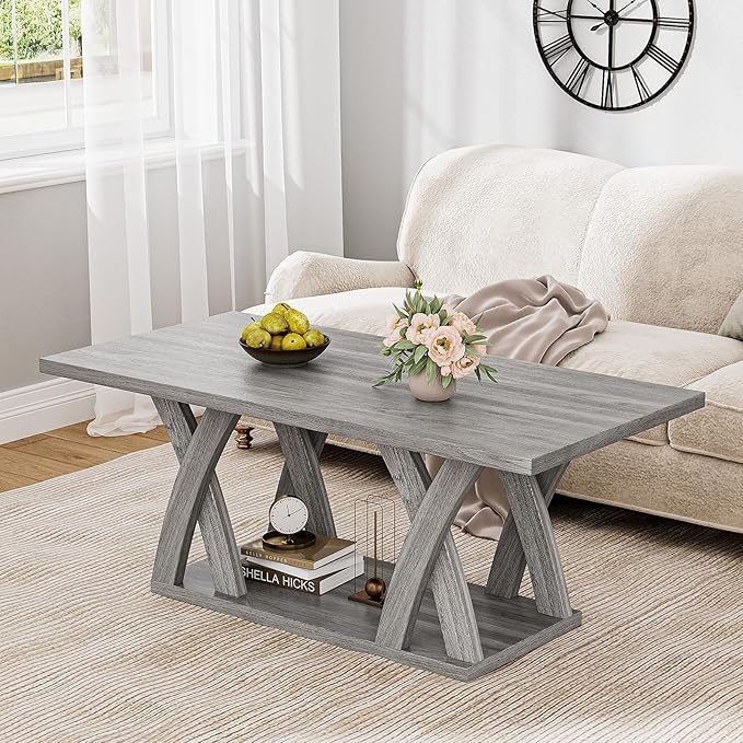 47” Wood Coffee Tables for Living Room Rustic Stands with Storage Shelf Grey Coffee Tables for Living Room Farmhouse Center Stands with Shelf Farmhouse Rectangle Center Table
