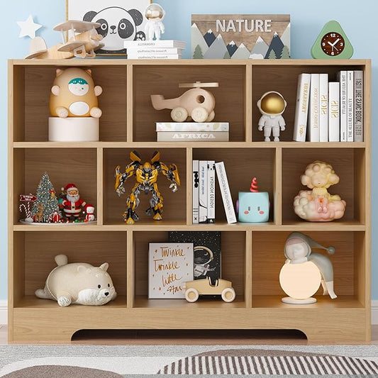 Book Shelf, 10 Cubes Storage Organizer, 3-Tier Open Shelf Wooden Bookcase, Freestanding Wooden Bookshelf Cube Shelf for Bedroom, Living Room