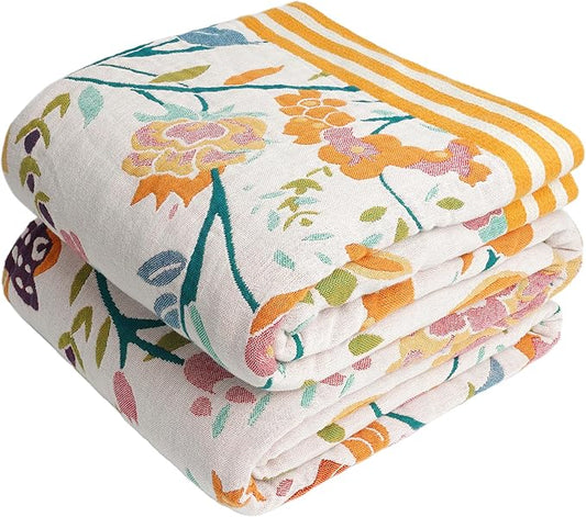 Boho Throw Blanket, 100% Organic Cotton Breathable Ultra Soft 80" x 90" Bed Quilt Throw - All Season Floral Rustic Farmhouse Decor Luxury Reversible Blanket for Sofa Couch Chair and Gift