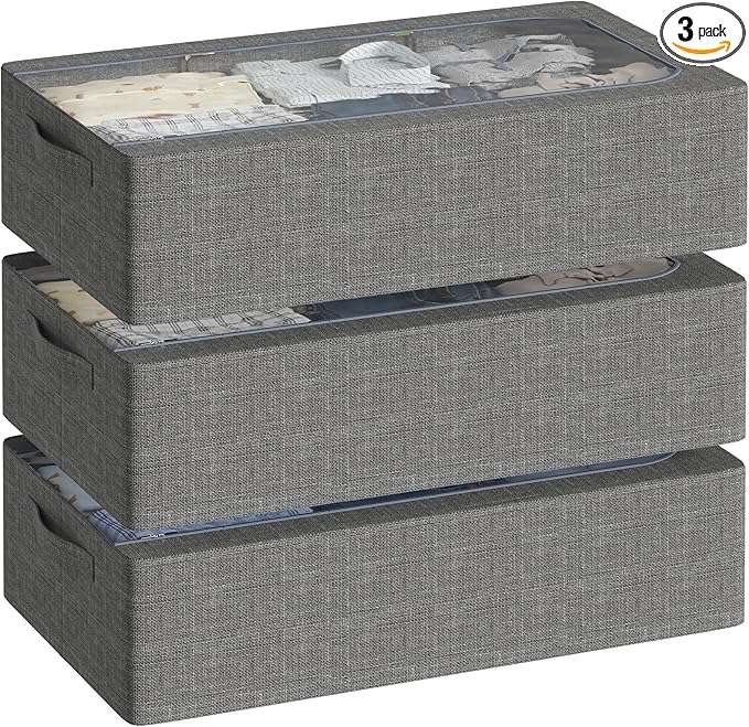 3PCS Under Bed Storage Bins with Metal Frame, Linen Fabric Frame Storage Box Clothes Organizer Bins, Underbed Container with Clear Window (Dark Grey, 15.7 x 13 x 6IN)