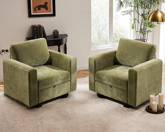 38.5 Oversized Accent Chair with Storage Green Corduroy Set of 2, Single Modern Accent Sofa Chair with Arms for Apartment Living Room (21" Deep Seat)