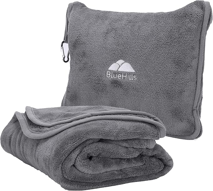 BlueHills Premium Soft Long Travel Blanket Pillow for Tall Airplane Flight Blanket Throw in Soft Bag case with Hand Luggage Belt & Backpack Clip Compact Pack Large Blanket Grey Gray T052