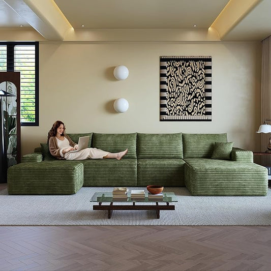 108" Sectional Couches for Living Room Modern Modular Sofa with L-Shape Couchs Upholstered Boneless Couch Deep Seat Sectional Couch with Chaise (Green, Right Facing Chaise+3Seaters+Ottoman)