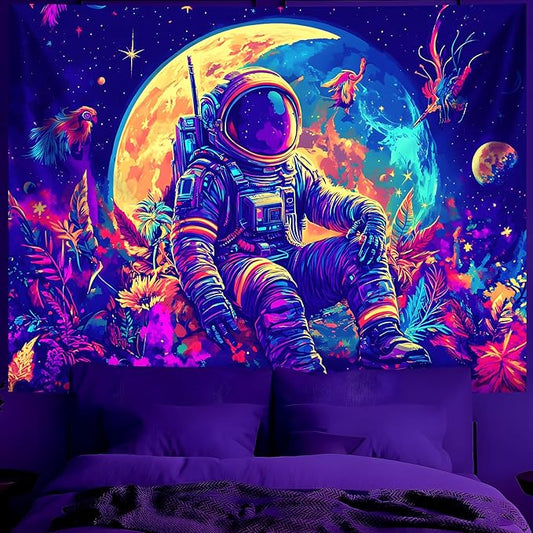 BVBOX Astronaut Space Blacklight Tapestry 79"x59", UV Reactive Astronaut Moon Garden Flower Universe Galaxy Planet Glow in Dark Tapestries, Black Light Neon Upright Poster Wall Hanging Backdrop Decor for Bedroom Living Room