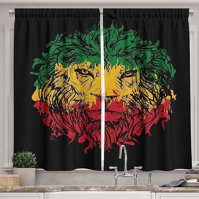 Ambesonne Rasta Long Kitchen Curtains, Ethiopian Flag Colors on Grunge Sketchy Lion Head with Black Backdrop, Two Panels Drapes with Rod Pocket Room Decor, 55" x 45", Pale Lime Green