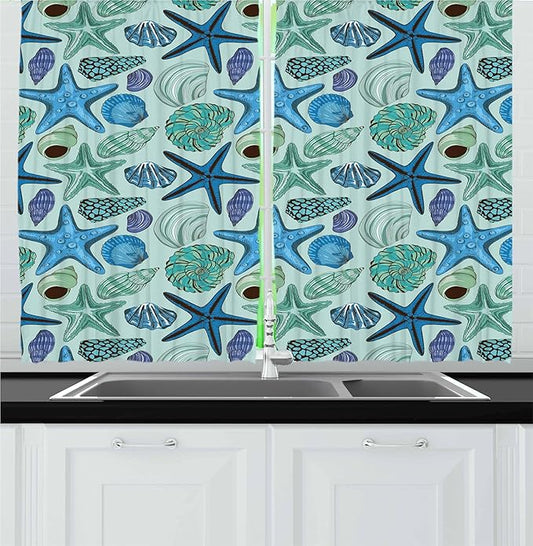 Ambesonne Starfish Kitchen Curtains, Aquarium Inspired Composition Tropical Seashells and Scallops Cockles and Clams, Window Drapes 2 Panel Set for Kitchen Cafe Decor, 55" x 36", Blue Seafoam