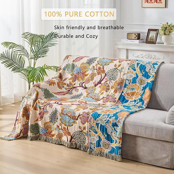 100% Muslin Throw Blanket for Couch, Butterfly and Floral Double Embroidery Fall Throw Blanket 60"x80" for Sofa, Chair, Woven Cotton Reversible Mexican Blanket