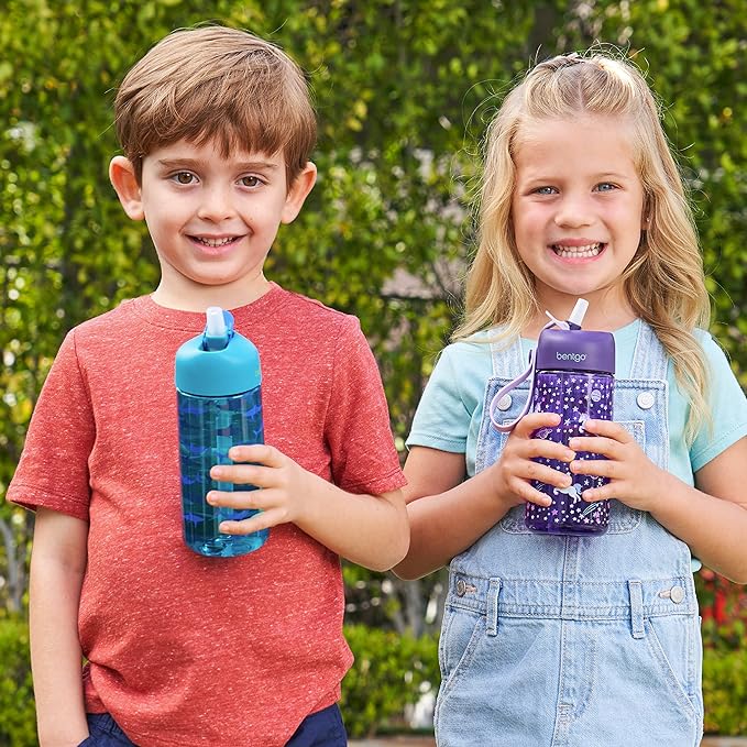 Bentgo Kids Water Bottle - Leak-Proof, Durable Tritan™, BPA-Free 15 oz. Cup for Kids/Toddlers Ages 3+ - Flip-Up Straw & Dishwasher Safe for School, Sports, Daycare & Camp (Sharks)