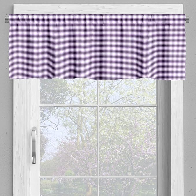 Ambesonne Checkered Valance & Tier Curtain 3 pcs Set, Purple and White Colored Gingham Checks Rows Picnic Theme Vintage Style Print, Window Treatments for Kitchen Room Decor, 55" x 30", Purple White