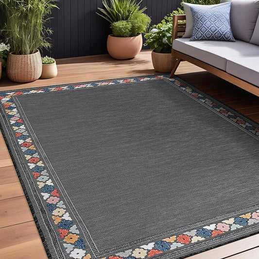 Beverly Rug Outdoor Rug 5x7 Modern Bordered Area Rugs for Indoor and Outdoor Patio Easy to Clean Non Shedding Living Room Porch Garden Washable Outside Carpet (5 x 7 Dark Gray)