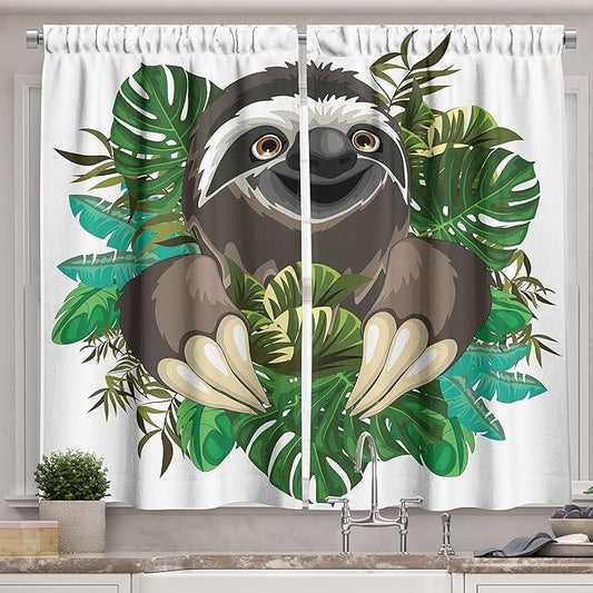 Ambesonne Sloth Long Kitchen Curtains, Cartoon Mammal on Tropical Jungle with Green Banana Leaves Character, Two Panels Drapes with Rod Pocket Room Decor, 55" x 45", Chocolate Ivory