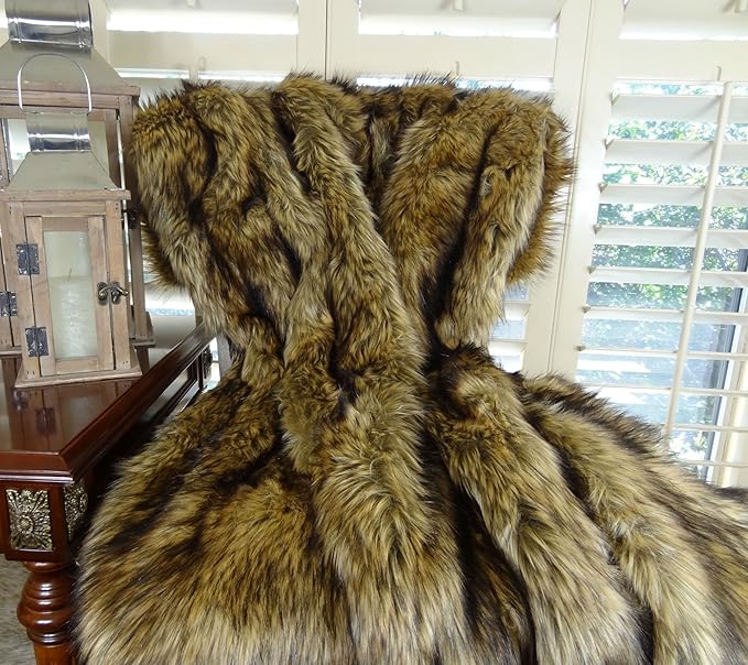 Brown Fur Throw Blanket and Bedspread - Brown Wolf Faux Fur - Light & Dark Brown Faux Fur - Luxury Throw Blanket & Bedspread, Made in USA, 16406