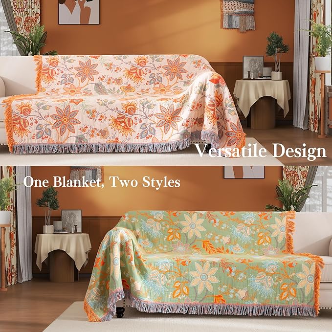 Boho Throw Blanket Queen Size, Soft Cozy Cotton Muslin Quilt Blanket for Bed Decor, Floral Patterned Couch Sofa Chair Cover, Vintage Farmhouse Cottage Tapestry Woven Blanket, Coral&Green