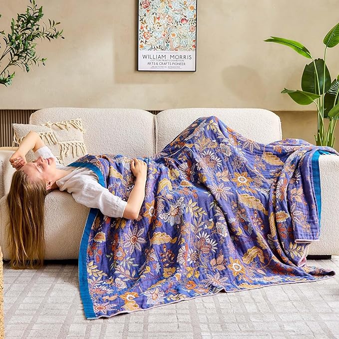 Boho Blanket, 100% Cotton Farmhouse Decorative Throw Blanket, 50"x60" Reversible Bohemian Throw Blanket, Purple All Season Muslin Breathable Woven Blankets Quilt