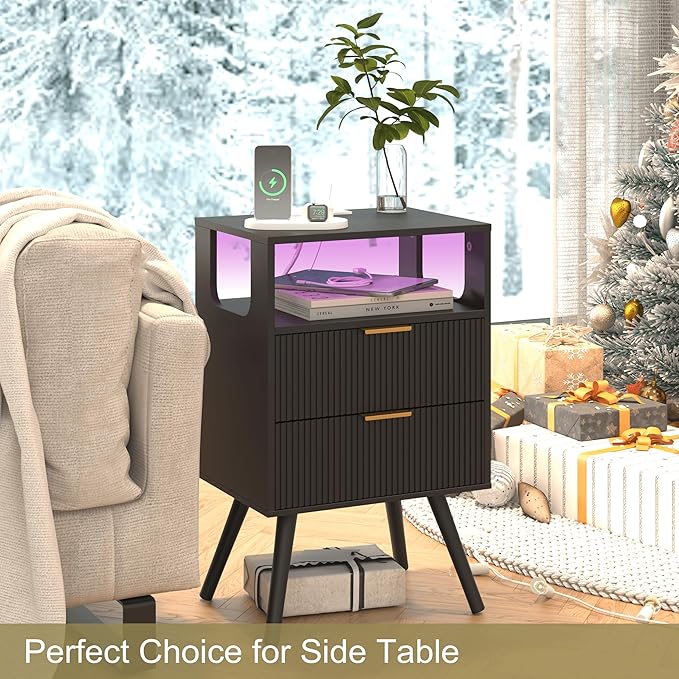 Black Nightstand with Charging Station and LED Lights,Modern Bedside Table with 2 Storage Drawer and Open Wood Shelf, for Bedroom and Small Spaces,Night Stand with Solid Wood Legs,Black