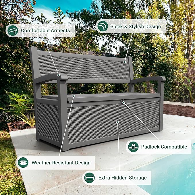 70 Gallon Outdoor Storage Box, Resin Patio Furniture with Armrest, Lockable Deck Box with Waterproof and UV Resistant for Patio Cushions, Garden Tools and Pool Supplies, Grey