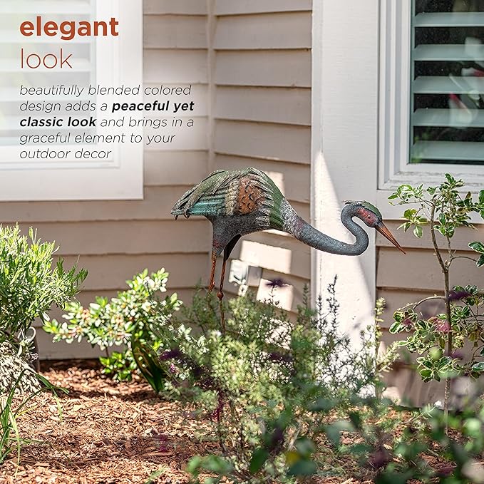 Alpine Corporation 30" Tall Outdoor Rustic Metal Bowing Crane Statue Yard Art Decoration