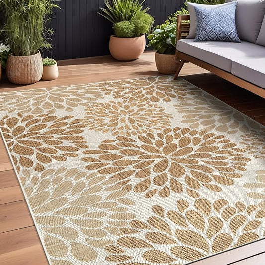 Beverly Rug Outdoor Rug 9x12 Modern Exotic Tropical Leaf Area Rugs for Indoor and Outdoor Patio Deck Porch Garden Water Resistant Washable Outside Carpet (9 x 12 Beige)