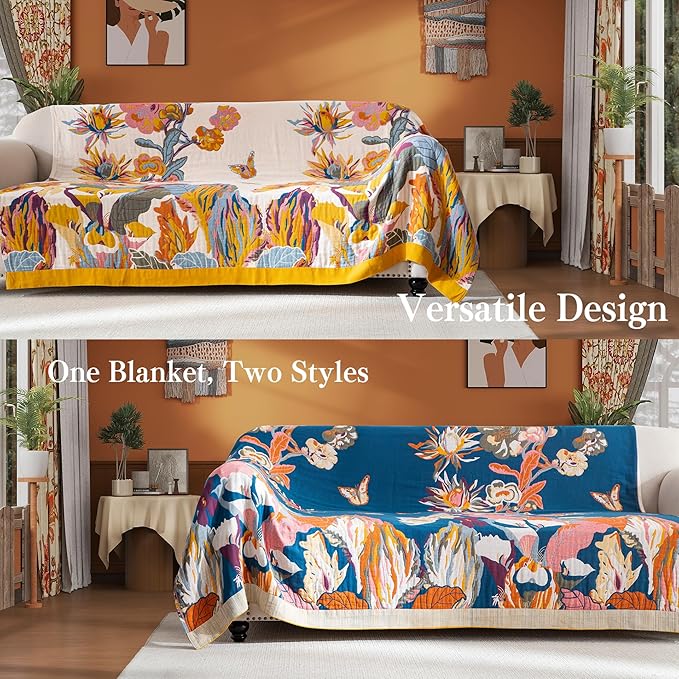Boho Throw Blanket Queen Size, Oversized Soft Cozy Cotton Muslin Quilt Blanket for Bed Decor, Floral Patterned Couch Sofa Chair Cover, Vintage Farmhouse Cottage Woven Blanket, Yellow&Blue