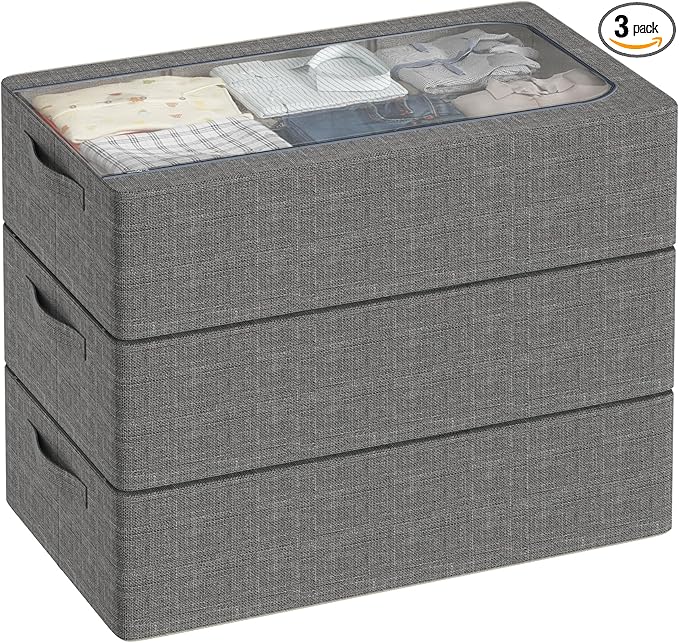 3PCS Under Bed Storage Bins with Metal Frame, Linen Fabric Frame Storage Box Clothes Organizer Bins, Underbed Container with Clear Window (Dark Grey, 23.6 x 13 x 6IN)