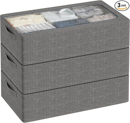 3PCS Under Bed Storage Bins with Metal Frame, Linen Fabric Frame Storage Box Clothes Organizer Bins, Underbed Container with Clear Window (Dark Grey, 23.6 x 13 x 6IN)