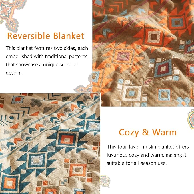 Boho Throw Blanket for Couch Sofa Bed, 100% Cotton Woven Quilt with Tassel 80”x90”, Super Soft Muslin Blanket with Patchwork Printed, Decorative Reversible Bed Blanket/Cover for All Seasons