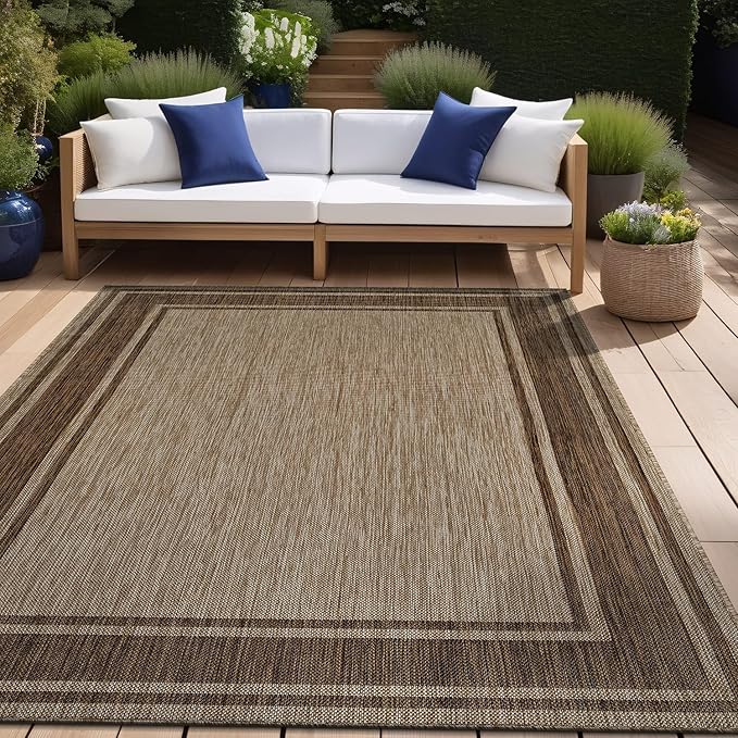 Beverly Rug Outdoor Rug 8x10 Modern Bordered Area Rugs for Indoor and Outdoor Patio Deck Porch Garden Waterproof Weather Sun Resistant Washable Outside Carpet (8 x 10 Jute)