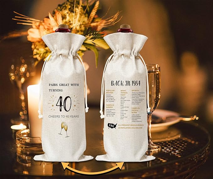 40th Birthday Wine Gift Bag, Cotton Burlap Wine Bags, 1984 Wine Bottle Cover Bag Birthday Gifts for Women, Men, Friends, Co-workers, Teachers, Mom, Dad, Antie, Uncle(06)