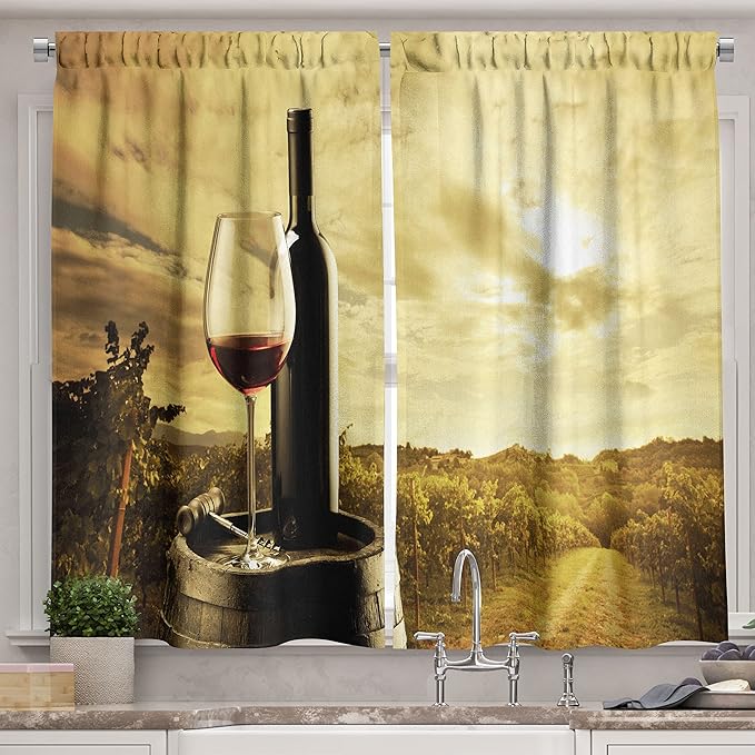 Ambesonne Wine Long Kitchen Curtains, Red Wine Bottle and Glass on Wooden Cask Dramatic Sky Agriculture, Two Panels Drapes with Rod Pocket Room Decor, 55" x 45", Coffee Black