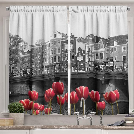 Ambesonne Black and White Long Kitchen Curtains, Monochrome Photo of Amsterdam Canal with Red Tulips and Houses, Two Panels Drapes with Rod Pocket Room Decor, 55" x 45", Red Black