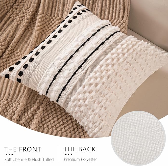 Boho Chenille Tufted Couch Throw Pillow Covers 18x18 Inch Set of 2 Farmhouse Striped Decorative Pillow Covers Accent Neutral Pillowcase Black Cushion Cover for Living Room Sofa Bed