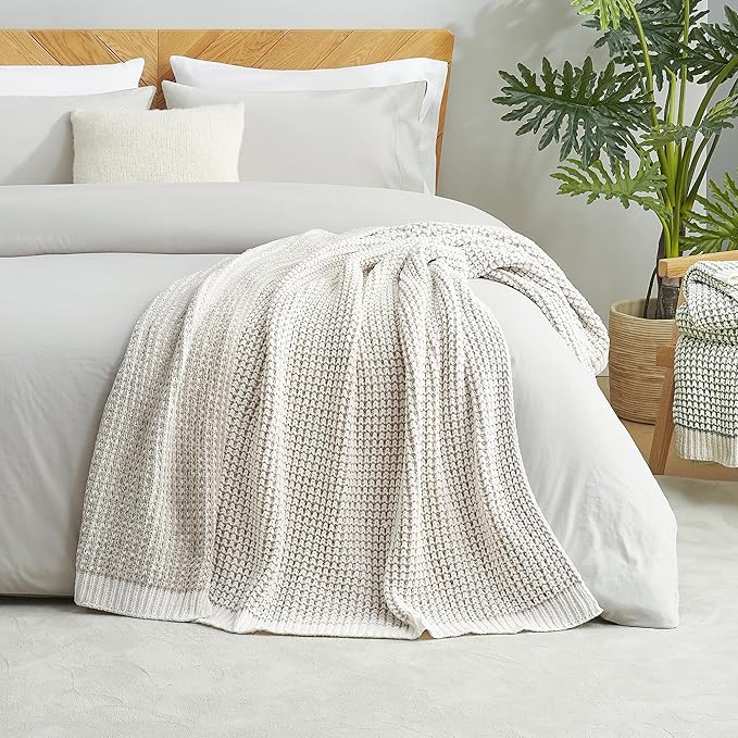 Amélie Home Chenille Waffle Throw Blanket for Couch, Reversible Pineapple Stitch Knit Soft Cozy Knit Blanket Lightweight Warm Decorative Throw for Sofa, Bed, Living Room, 50"x60", Beige&Ivory