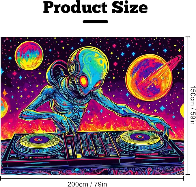 BVBOX Blacklight Space Alien Tapestry 79"x59", UV Reactive DJ Alien Universe Galaxy Planet Glow in Dark Music Tapestries, Black Light Neon Upright Poster Wall Hanging Backdrop Decor for Bedroom Living Room